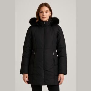 Marvin Richards Black Down Filled Puffer Coat Zip-Up with Fur Trim Sz XL